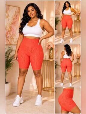 Orange Honeycomb Textured Biker Shorts | Buttery Soft Stretch Activewear